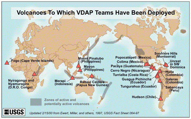 Map, Volcanoes to which VDAP Teams have been deployed, 1987-1999