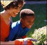 Photo: Mother and son in the garden.