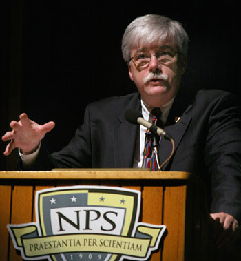 ONR Director Walter Jones speaks from the NPS podium