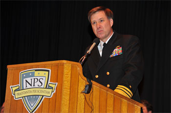Chief of Naval Personnel Vice Adm. Mark Ferguson III challenged one of the largest graduating classes in Naval Postgraduate School history to foster a "culture of mentorship" in their future commands, at Fall 2008 commencement ceremonies, Dec. 19. “Vice Admiral Ferguson is one of the strongest supporters of the Naval Postgraduate School we have in Navy leadership today,” said NPS President Daniel Oliver as he introduced Ferguson to just under 400 graduates including members from all the U.S. military services, DoD civilians and international officers.  U.S. Navy photo by MCSN John R. Fischer.  Full story