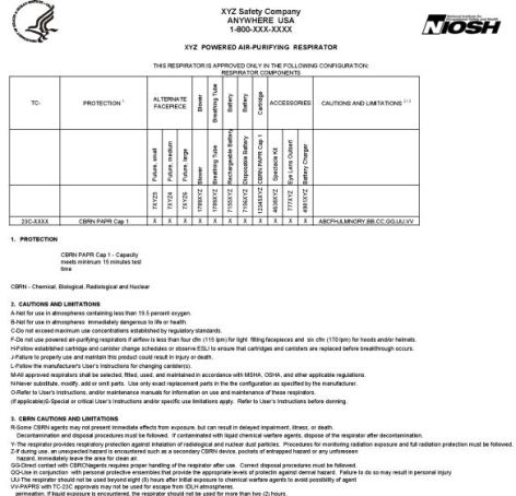 Sample matrix-style PAPR respirator approval label 