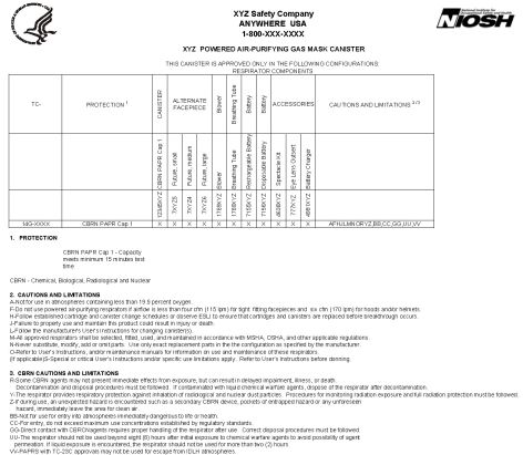 Sample matrix-style PAPR canister approval label