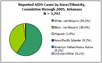 Reported AIDS Cases by Race/Ethnicity, Cumulative through 2005, Arkansas N= 3,703  White, not Hispanic - 59.3%, Black, not Hispanic - 38.4%, Hispanic -1.8%, Asian/Pacific Islander - 0.2%, American Indian/Alaska Native - 0.2%, Unkown/Other - 0.1%