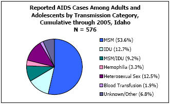 Reported AIDS Cases Among Adults and Adolescents by Transmission Category, Cumulative through 2005, Idaho N = 576  MSM - 53.6%, IDU - 12.7%, MSM/IDU - 9.2%, Hemophilia - 3.3%, Heterosexual Sex - 12.5%, Blood Transfusion - 1.9%, Unkown/Other - 6.8%