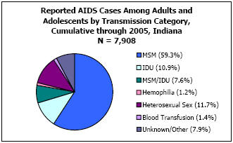 Reported AIDS Cases Among Adults and Adolescents by Transmission Category, Cumulative through 2005, Indiana N = 7,908  MSM - 59.3%, IDU - 10.9%, MSM/IDU - 7.6%, Hemophilia - 1.2%, Heterosexual Sex - 11.7%, Blood Transfusion - 1.4%, Unkown/Other - 7.9%