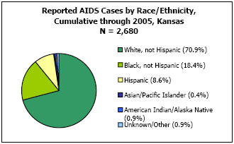 Reported AIDS Cases by Race/Ethnicity, Cumulative through 2005, Kansas  N = 2,680  White, not Hispanic - 70.9%, Black, not Hispanic - 18.4%, Hispanic - 8.6%, Asian/Pacific Islander - 0.4%, American Indian/Alaska Native - 0.9%, Unkown/Other - 0.9%
