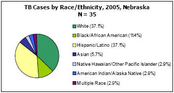 TB Cases by Race/Ethnicity, 2005, Nebraska  N = 35 White - 37.1%, Black/African American - 11.4%, Hispanic/Latino - 37.1%, Asian - 5.7%, Native Hawaiian/Other Pacific Islander - 2.9%, American Indian/Alaska Native - 2.9%, Multiple Race - 2.9%