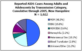 Reported AIDS Cases Among Adults and Adolescents by Transmission Category, Cumulative through 2005, New Hampshire N = 1,022 MSM - 48.3%, IDU - 19.8%, MSM/IDU - 5.6%, Hemophilia - 2.2%, Heterosexual Sex - 10.1%, Blood Transfusion - 2.8%, Unkown/Other - 11.3%