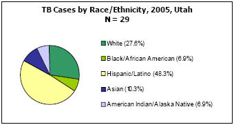 TB Cases by Race/Ethnicity, 2005, Utah N = 29 White - 27.6%, Black/African American - 6.9%, Hispanic/Latino - 48.3%, Asian - 10.3%, American Indian/Alaska Native - 6.9%