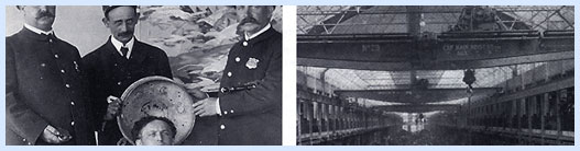 Left, Harry Houdini and three others; right, Westinghouse factory