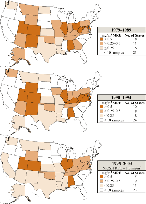 Respirable coal mine dust: Geometric mean exposures by state, MSHA inspector and mine operator samples, 1979–2003