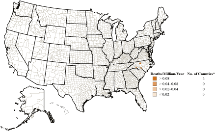 Byssinosis: Age-adjusted death rates by county, U.S. residents age 15 and over, 1985–1994