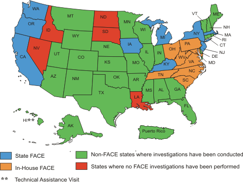 U.S. Map indicating states where FACE Investigations are conducted