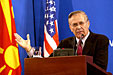 Defense Secretary Donald H. Rumsfeld gives answers questions during a press briefing in Skopje, Former Yugoslav Republic of Macedonia, Oct.11, 2004. Defense Dept. photo by U.S. Air Force Master Sgt. James M. Bowman 