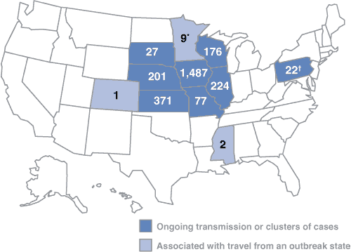 During January 1–May 2, 11 states reported 2,597 cases of mumps related to the multistate outbreak. The majority of mumps cases (1,487 [57%]) were reported from Iowa; states with the next highest case totals were Kansas (371), Illinois (224), Nebraska (201), and Wisconsin (176)