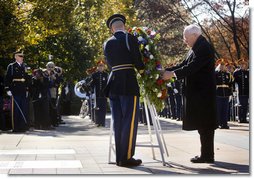 Vice President Dick Cheney places a wreath at the Tomb of the Unknowns Tuesday, Nov. 11, 2008, during Veterans Day ceremonies at Arlington National Cemetery in Arlington, Va.  White House photo by David Bohrer