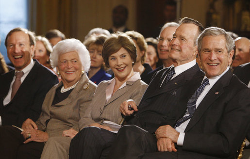President George W. Bush and Mrs. Laura Bush are joined by his parents, former President George H. W. Bush and Mrs. Barbara Bush, during a reception in the East Room at the White House Wednesday, Jan. 7, 2008, in honor of the Points of Light Institute. President Bush's brother Neil is seen at far-left. White House photo by Eric Draper