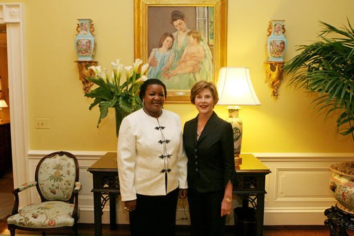 Mrs. Bush meets with Mrs. Kikwete, Spouse of The President of Tanzania, during coffee at the White House Friday, August 29, 2008. White House photo by Shealah Craighead
