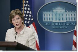 Mrs. Laura Bush addresses reporters in the James S. Brady Press Briefing Room Monday, May 5, 2008 at the White House, urging the Burmese government to accept the humanitarian assistance being offered by the United States to the people of Burma in the aftermath of the destruction caused by Cyclone Nargis. White House photo by Patrick Tierney