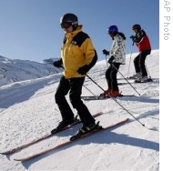 Skiers and snowboarders enjoy the perfect conditions, in Canton of Valais, South-Western Switzerland, 28 Dec 2008
