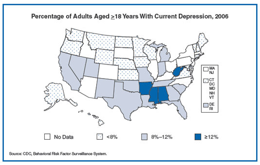 Map showing percentage of adults with depression, 2006