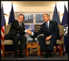 Secretary General of NATO Lord Robinson and President George W. Bush meet for a bilateral meeting in Prague, Czech Republic, Wednesday, Nov. 20.