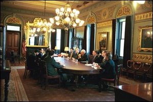 Photo of Vice President Cheney attending a meeting in the Vice President\'s Ceremonial Office. None