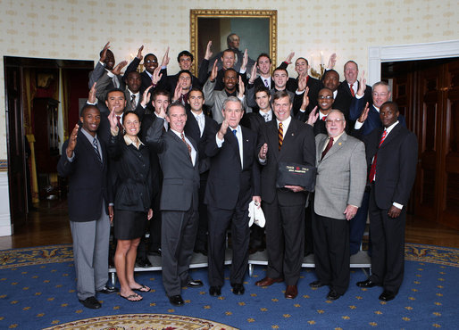 President George W. Bush poses with members of the Florida State University Men's Outdoor Track and Field Team Wednesday, Nov. 12, 2008, during a photo opportunity with 2008 NCAA Sports Champions at the White House. White House photo by Chris Greenberg