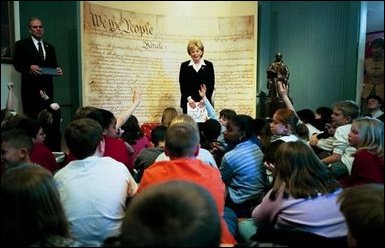 Mrs. Cheney takes questions during her talk with students at the Education Center at James Madison’s Montpelier.