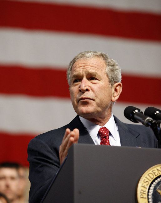 President George W. Bush speaks to military personnel Monday, Aug. 4, 2008, at Eielson Air Force Base, Alaska. The stop was the first on the trip by the President and Mrs. Laura Bush to Asia. White House photo by Eric Draper
