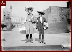 Girl and boy holding parcels and wearing tags, before leaving for summer camp