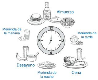 Ilustración de las comidas a la hora de desayuno, almuerzo, cena, merienda de la mañana, merienda de la tarde y merienda de la noche dibujados alrededor de un reloj análogo.