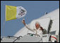 Pope Benedict XVI waves to cheering crowd on his arrival to Andrews Air Force Base, Md., Tuesday, April 15, 2008, where he was greeted by President George W. Bush, Laura Bush and their daughter, Jenna. White House photo by Shealah Craighead