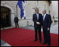 President George W. Bush meets with President Danilo Turk of Slovenia outside the Brdo Castle in Kranj, Slovenia Tuesday, June 10, 2008. The President is scheduled to spend most of the day meeting with members of the European Union before continuing on to Germany this afternoon. White House photo by Eric Draper