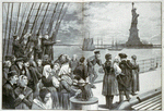 Welcome to the land of freedom [print showing immigrants arriving]