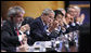 President George W. Bush gestures as he addresses the G20 leaders and delegates during the first Plenary Session I at the the Summit on Financial Markets and the World Economy Saturday, Nov. 15, 2008, at the National Building Museum in Washington, D.C. White House photo by Eric Draper