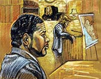 Former Liberian Pres. Charles Taylor's son, Charles McArthur Emmanuel in a courtroom drawing by Shirley Henderson, (file photo)