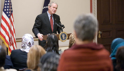 President George W. Bush meets with participants of the U.S. Middle East Partnership Initiative Thursday, Oct. 23, 2008, in the Eisenhower Executive Office Building at the White House. Sponsored by the U.S. State Department, the program participants - approximately 50 women political leaders from the Middle East and North Africa -- are given an opportunity to learn from our country’s experience in electoral campaigning and affords them a chance to witness local and Presidential elections up close. White House photo by Eric Draper