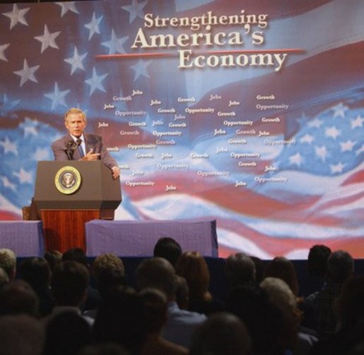 President George W. Bush addresses employees, small business owners and local families at the Langham company in Indianapolis, Indiana, Friday, Sept. 5, 2003. White House photo by Tina Hager