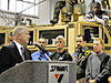 Defense Secretary Robert M. Gates speaks with workers at the vehicle integration facility in Charleston, S.C., Jan. 18, 2008.