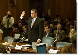 Governor Tom Ridge is sworn in during senate confirmation hearings as Secretary of the Department of Homeland Security at the U.S. Capitol Jan. 17, 2003. The Senate unanimously confirmed Governor Ridge as the first Secretary of DHS Jan. 22, 2003.  White House photo by Tina Hager