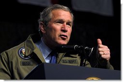 President George W. Bush speaks to troops during his visit to Fort Hood in Killeen, Texas, Friday, Jan. 3, 2003. "Our country is in a great contest of will and purpose. We're being tested. In times of crisis, we will act decisively," said the President in his remarks. "And in times of calm, we'll be focused and patient and relentless in our pursuit of the enemy. That's what we owe the American people."  White House photo by Eric Draper