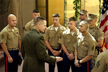 Chairman of the Joint Chiefs of Staff U.S. Marine Gen. Peter Pace talks with Marines at the American Embassy in Riyadh, Saudi Arabia, March 22, 2006. Defense Dept. photo by U.S. Air Force Staff Sgt. D. Myles Cullen