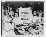 Female employees of Woolworth's holding sign indicating they are striking for a 40 hour work week, LC-USZ62-124545