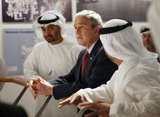 President George W. Bush participates in a tour of the Saadiyat Island Cultural District Exhibition and Masdar Exhibition Monday, Jan. 14, 2008, at the Emirates Palace Hotel in Abu Dhabi. The President view the exhibit before departing the city for Dubai and Riyadh on the last leg of his Mideast visit. White House photo by Eric Draper