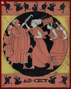 Single panel cartoon, drawn in the style of the decoration on a Greek vase, shows Susan B. Anthony, clad in flowing garments, poking a startled man in the chest with an umbrella. She is followed by other women, one carrying a sign reading, “We Want Our Rights.” The drawing includes the legend, "A.D. CXCV" at the bottom of the picture. The significance is not clear. 1912.