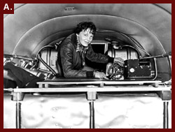 Amelia Earhart, seated in airplane, checking equipment