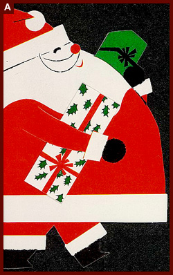 Christmas card from “the Stuart M. Baileys” to Charles and Ray Eames cut in the profile of Santa Claus holding packages. Dec. 16, 1970