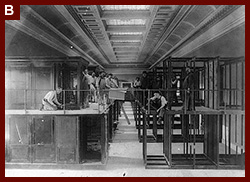 Erecting mahogany display cases in the south curtain of the new Library of Congress building. 1905