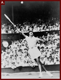 Althea Gibson, of New York, reaching high for shot during women's singles semifinal match against Christine Truman, of England, in All England Lawn Tennis Championships at Wimbledon, England, July 4, 1957